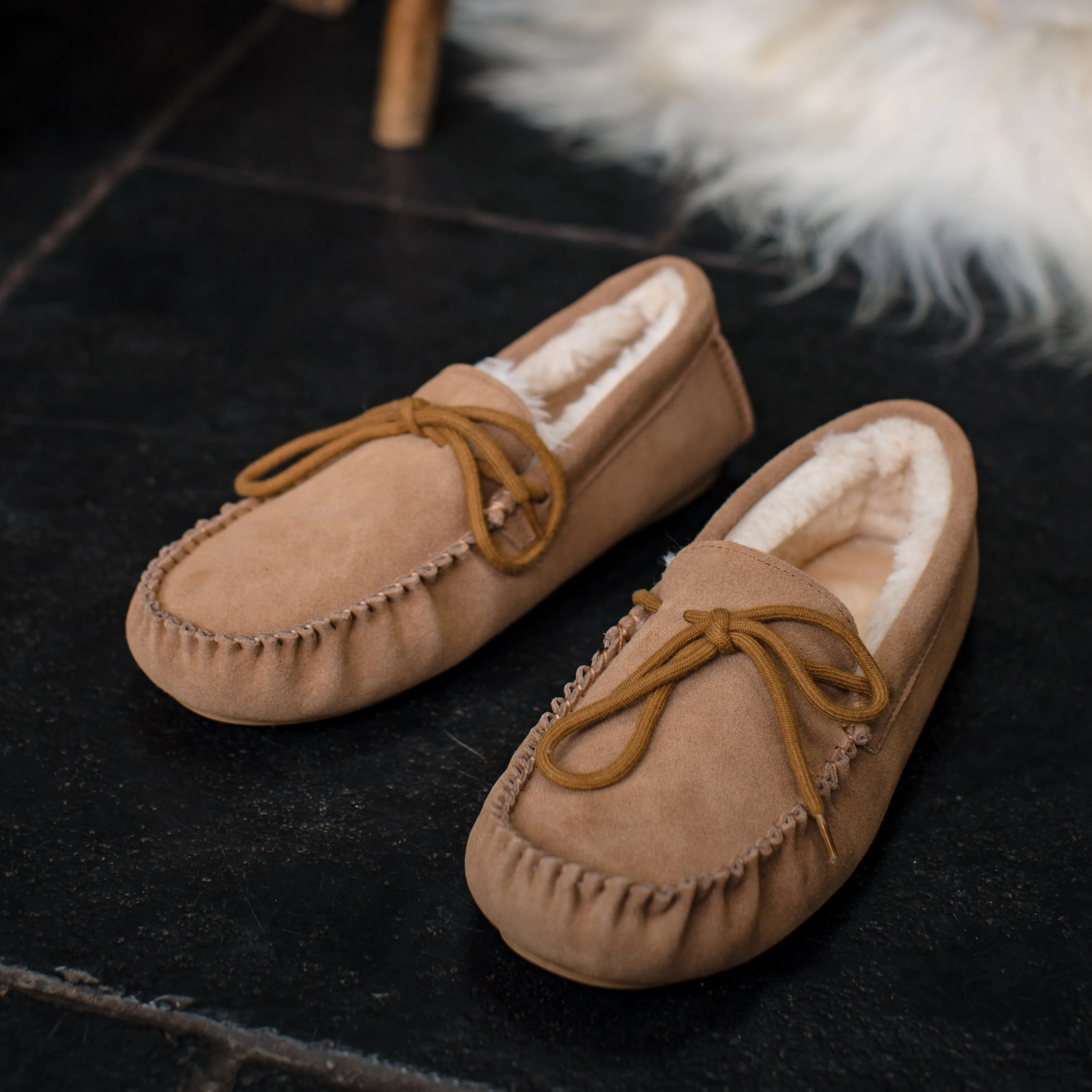 Ladies 'Susie' Lambswool Moccasin with Hard Sole - Chestnut