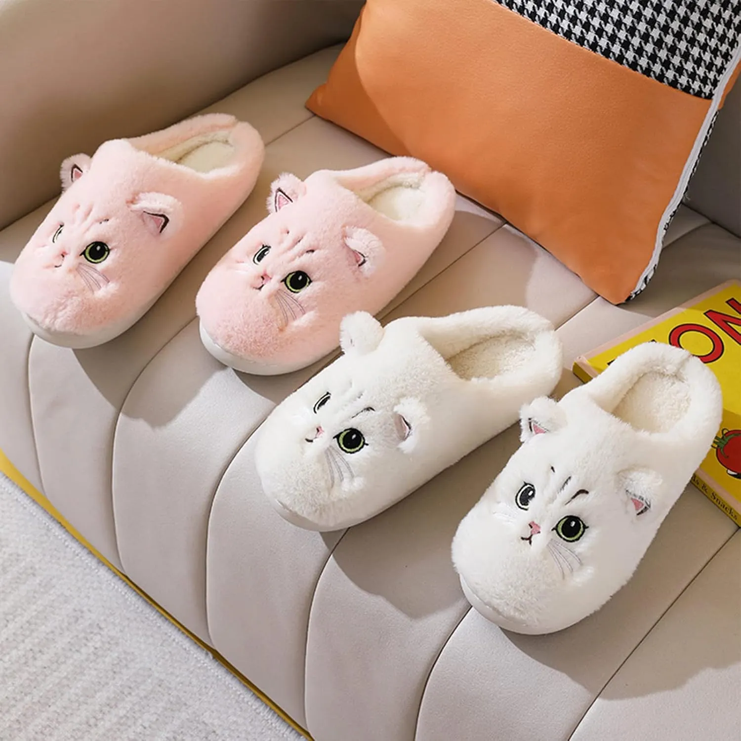 LAVAU Cute Cat Slippers for Women, Fuzzy Fluffy Faux Fur Animal House Slides for Indoor and Outdoor Shoes