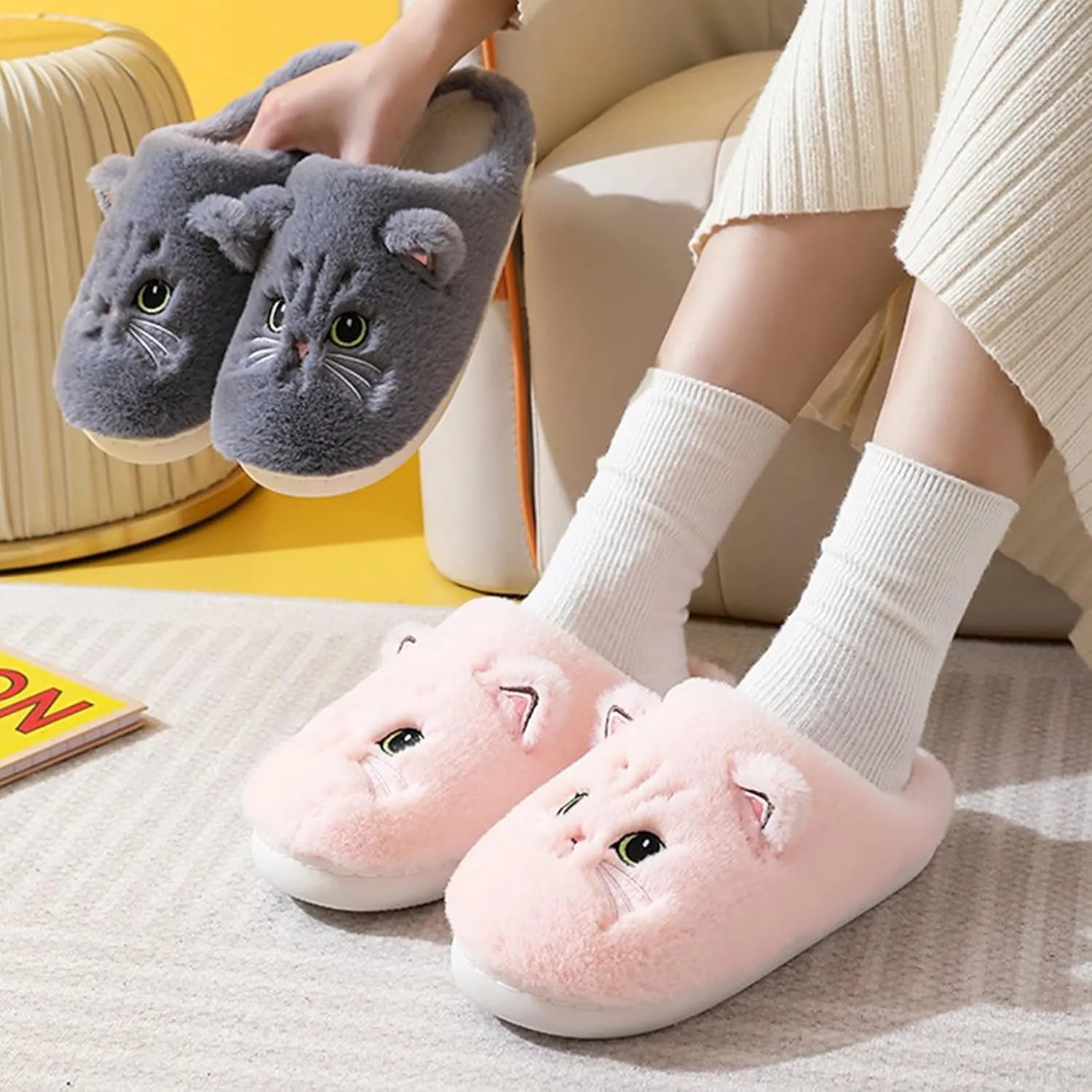LAVAU Cute Cat Slippers for Women, Fuzzy Fluffy Faux Fur Animal House Slides for Indoor and Outdoor Shoes