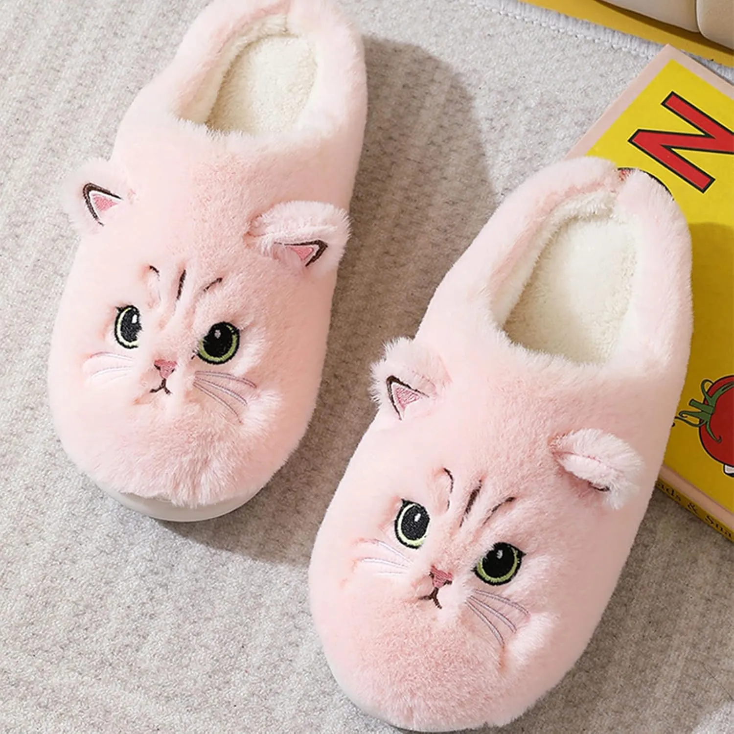 LAVAU Cute Cat Slippers for Women, Fuzzy Fluffy Faux Fur Animal House Slides for Indoor and Outdoor Shoes