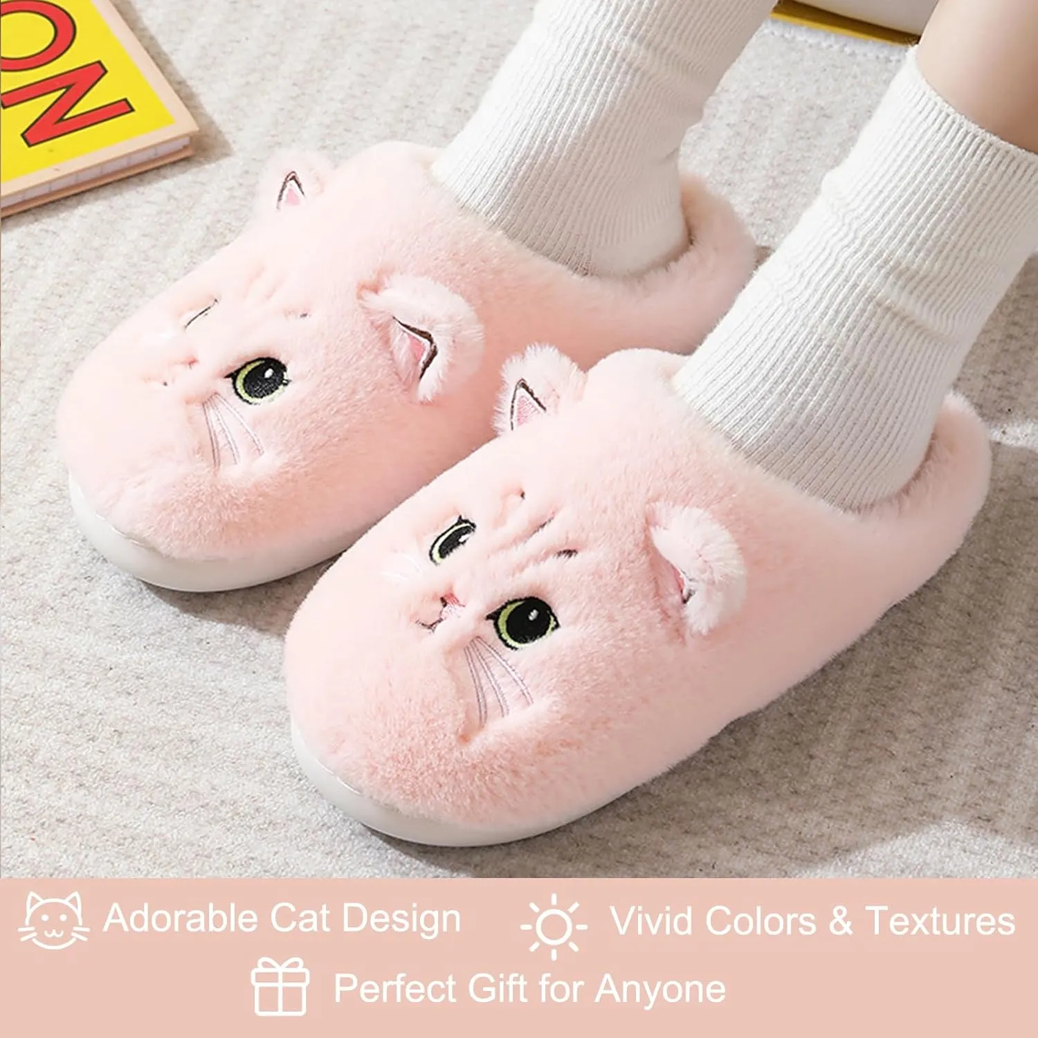 LAVAU Cute Cat Slippers for Women, Fuzzy Fluffy Faux Fur Animal House Slides for Indoor and Outdoor Shoes