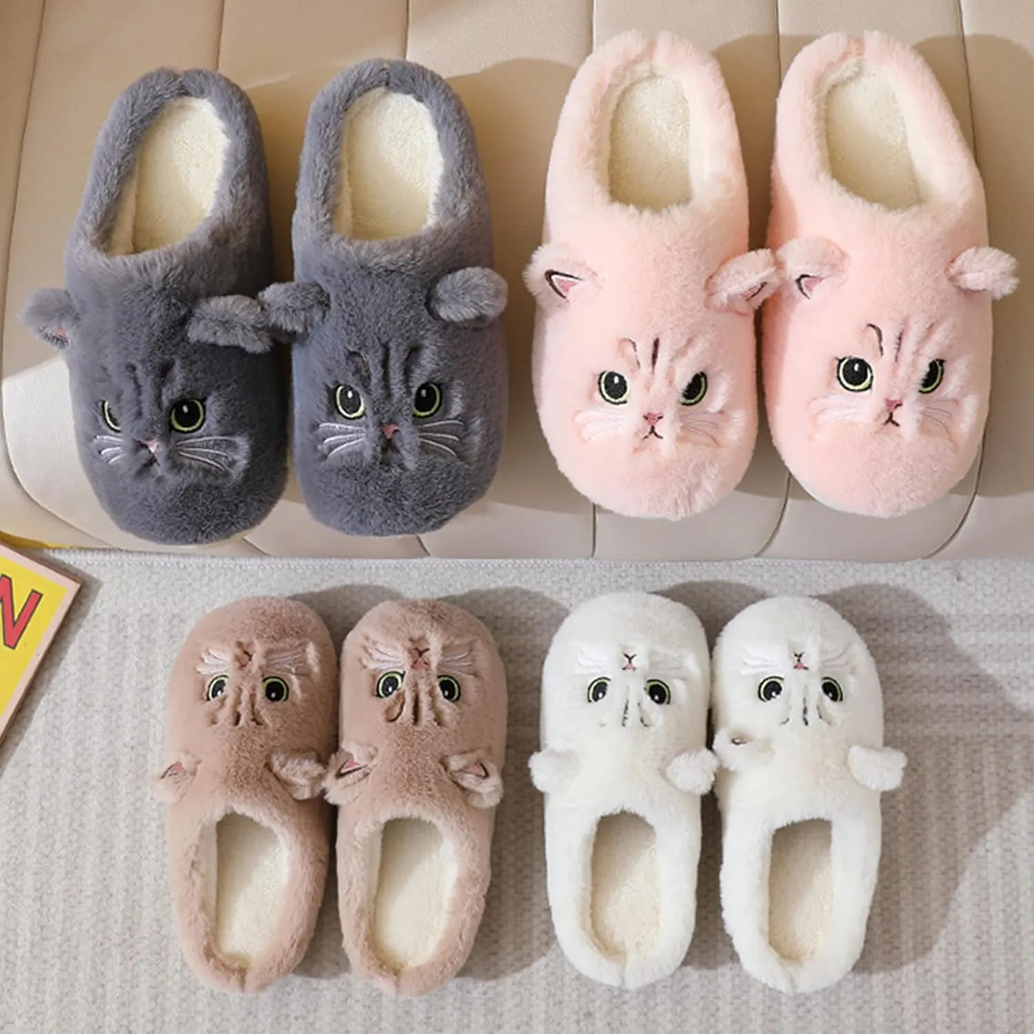 LAVAU Cute Cat Slippers for Women, Fuzzy Fluffy Faux Fur Animal House Slides for Indoor and Outdoor Shoes
