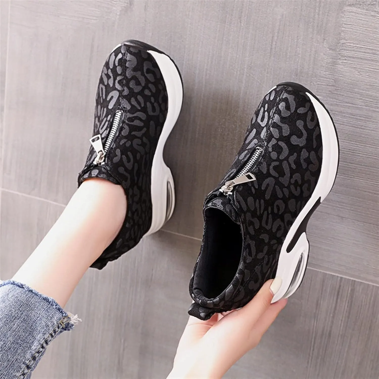 LIZAL Leopard Print Wide Width Sneakers Fashion Wedges Zipper Hypersoft Height Increasing Shoes Platform Retro Arch Support Walking Work Trainers Non Slip Gym Shoes(Black,6.5 US)