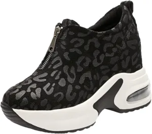 LIZAL Leopard Print Wide Width Sneakers Fashion Wedges Zipper Hypersoft Height Increasing Shoes Platform Retro Arch Support Walking Work Trainers Non Slip Gym Shoes(Black,6.5 US)