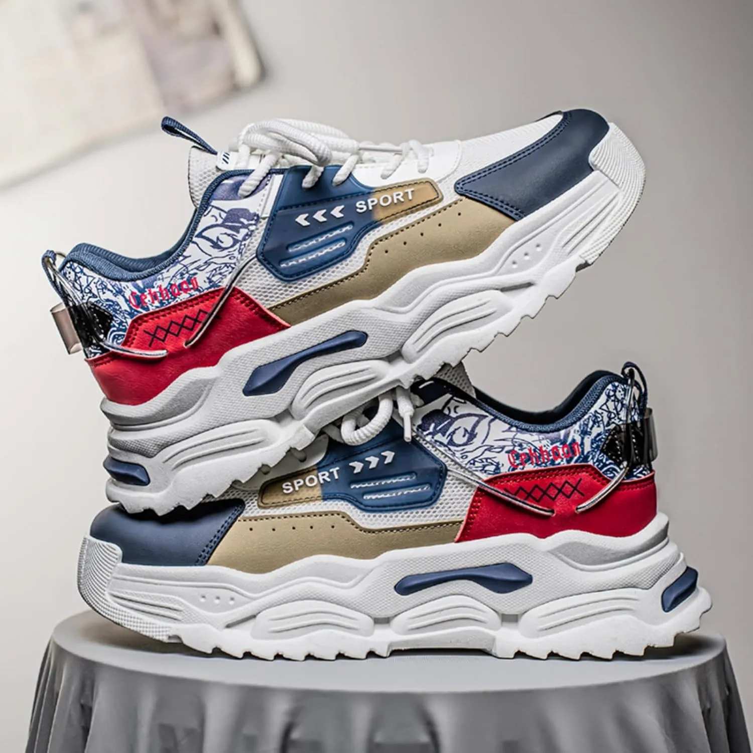 Men's Chunky Sole Sneakers with Breathable Mesh Upper & Color-Blocked Design Sturdy Platform Sole for Casual Walking Mesh Lining & Traction Grooves Fashionable Dad Shoes