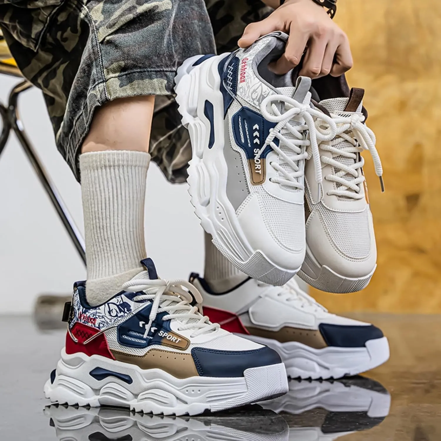 Men's Chunky Sole Sneakers with Breathable Mesh Upper & Color-Blocked Design Sturdy Platform Sole for Casual Walking Mesh Lining & Traction Grooves Fashionable Dad Shoes