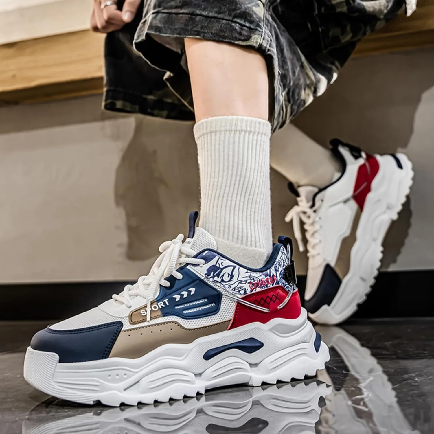Men's Chunky Sole Sneakers with Breathable Mesh Upper & Color-Blocked Design Sturdy Platform Sole for Casual Walking Mesh Lining & Traction Grooves Fashionable Dad Shoes