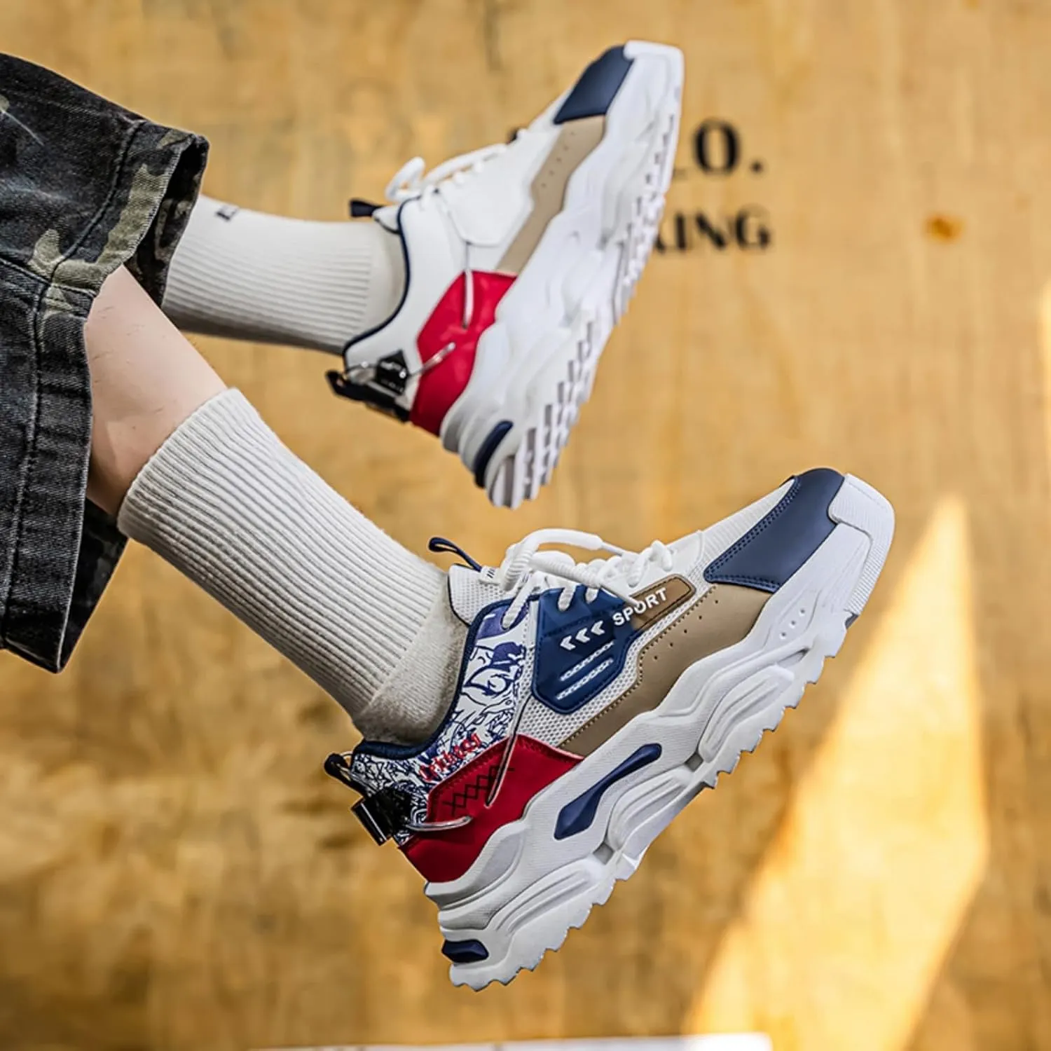 Men's Chunky Sole Sneakers with Breathable Mesh Upper & Color-Blocked Design Sturdy Platform Sole for Casual Walking Mesh Lining & Traction Grooves Fashionable Dad Shoes
