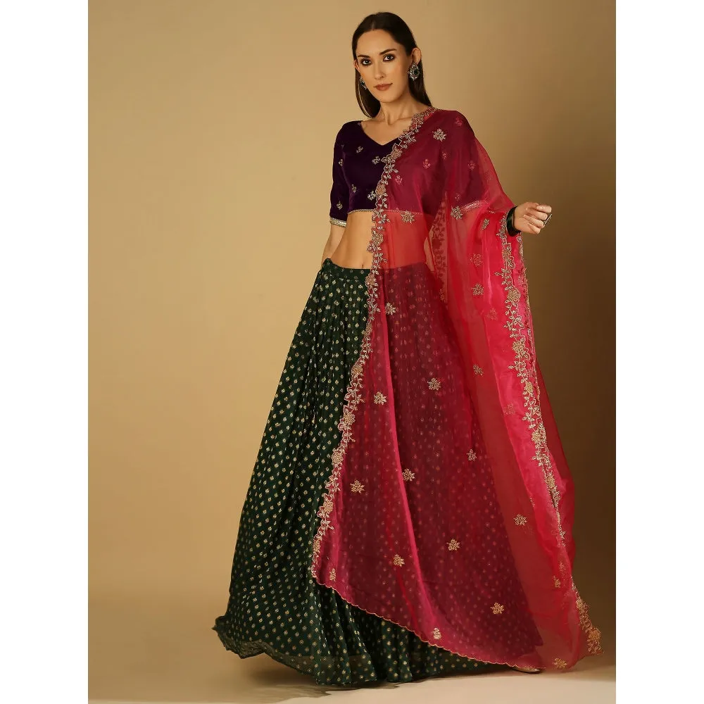 Monk & Mei Roza-Lehenga Blouse Dupatta - Violet, Magenta And Green (Set Of 3)