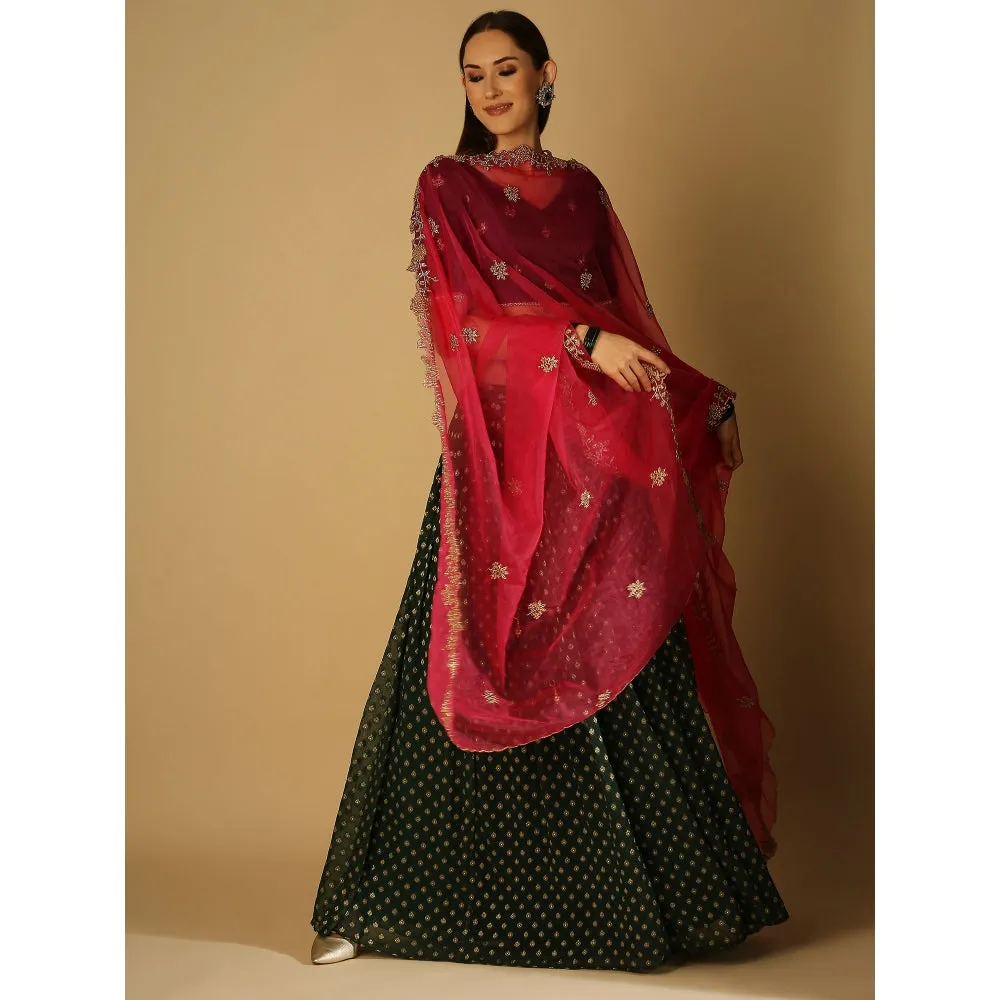 Monk & Mei Roza-Lehenga Blouse Dupatta - Violet, Magenta And Green (Set Of 3)