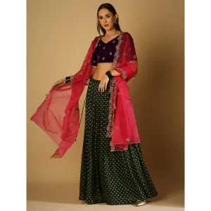Monk & Mei Roza-Lehenga Blouse Dupatta - Violet, Magenta And Green (Set Of 3)