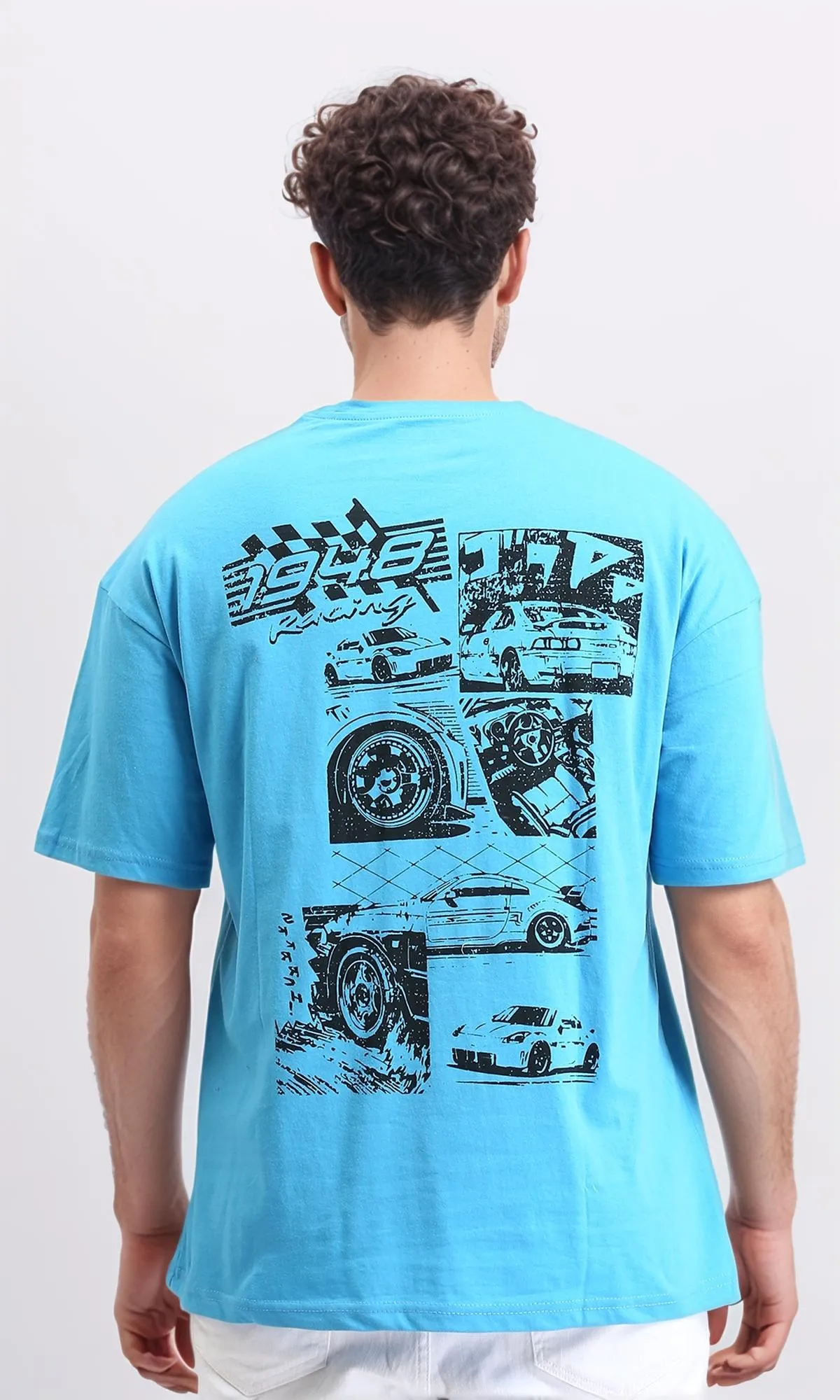 O203125 - Retro Car Graphic T-Shirt  Sky Blue