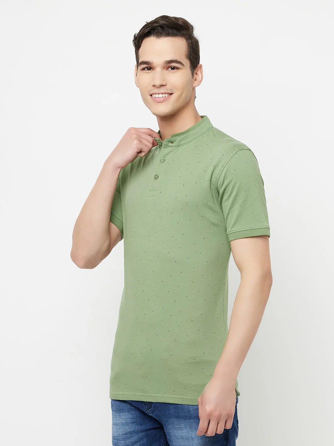 Olive Printed Mandarin Collar T-Shirt