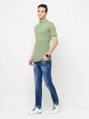 Olive Printed Mandarin Collar T-Shirt