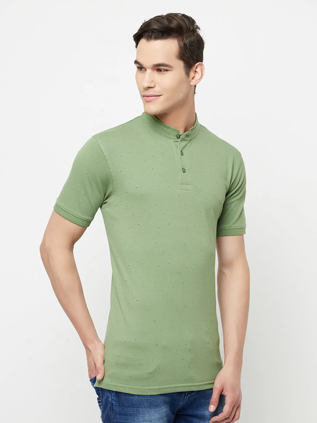 Olive Printed Mandarin Collar T-Shirt