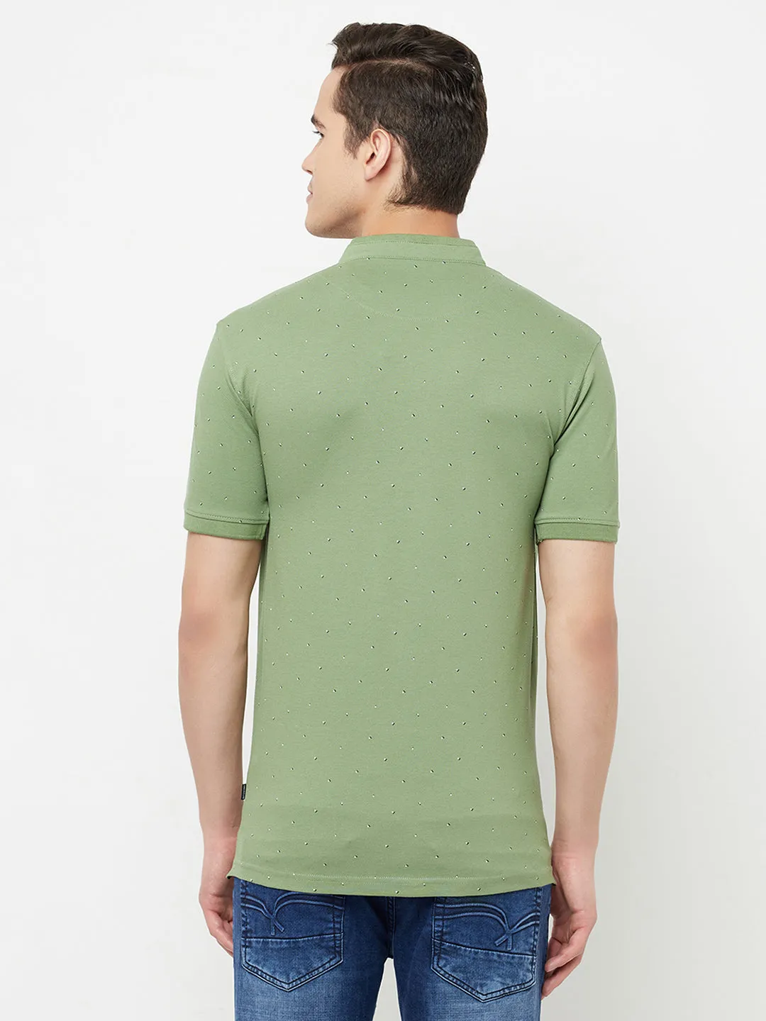 Olive Printed Mandarin Collar T-Shirt