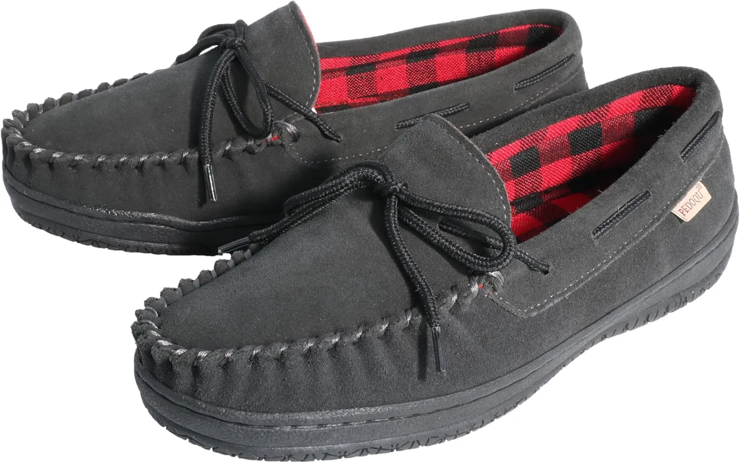 Slippers for Mens House Shoes Moccasin with Genuine suede Upper Flanel Lining Comfortable Memory Foam Rubber Soles Indoor Outdoor