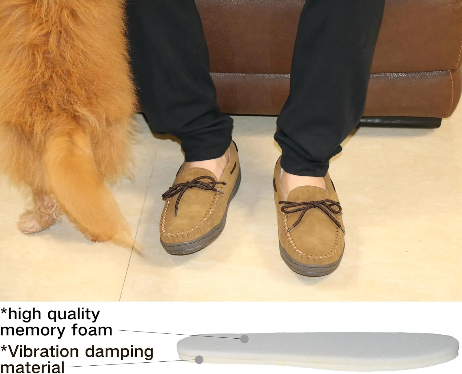 Slippers for Mens House Shoes Moccasin with Genuine suede Upper Flanel Lining Comfortable Memory Foam Rubber Soles Indoor Outdoor