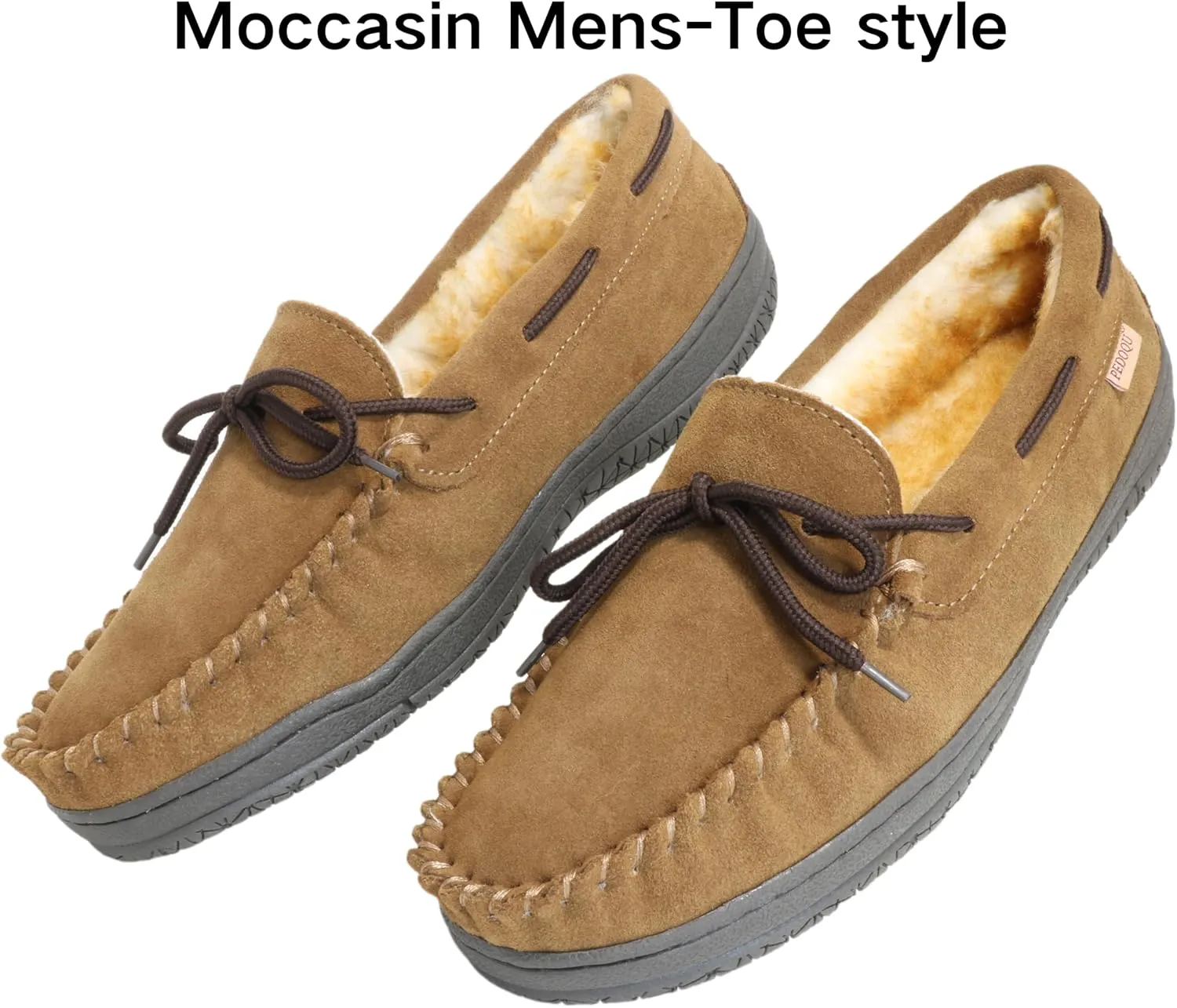 Slippers for Mens House Shoes Moccasin with Genuine suede Upper Flanel Lining Comfortable Memory Foam Rubber Soles Indoor Outdoor