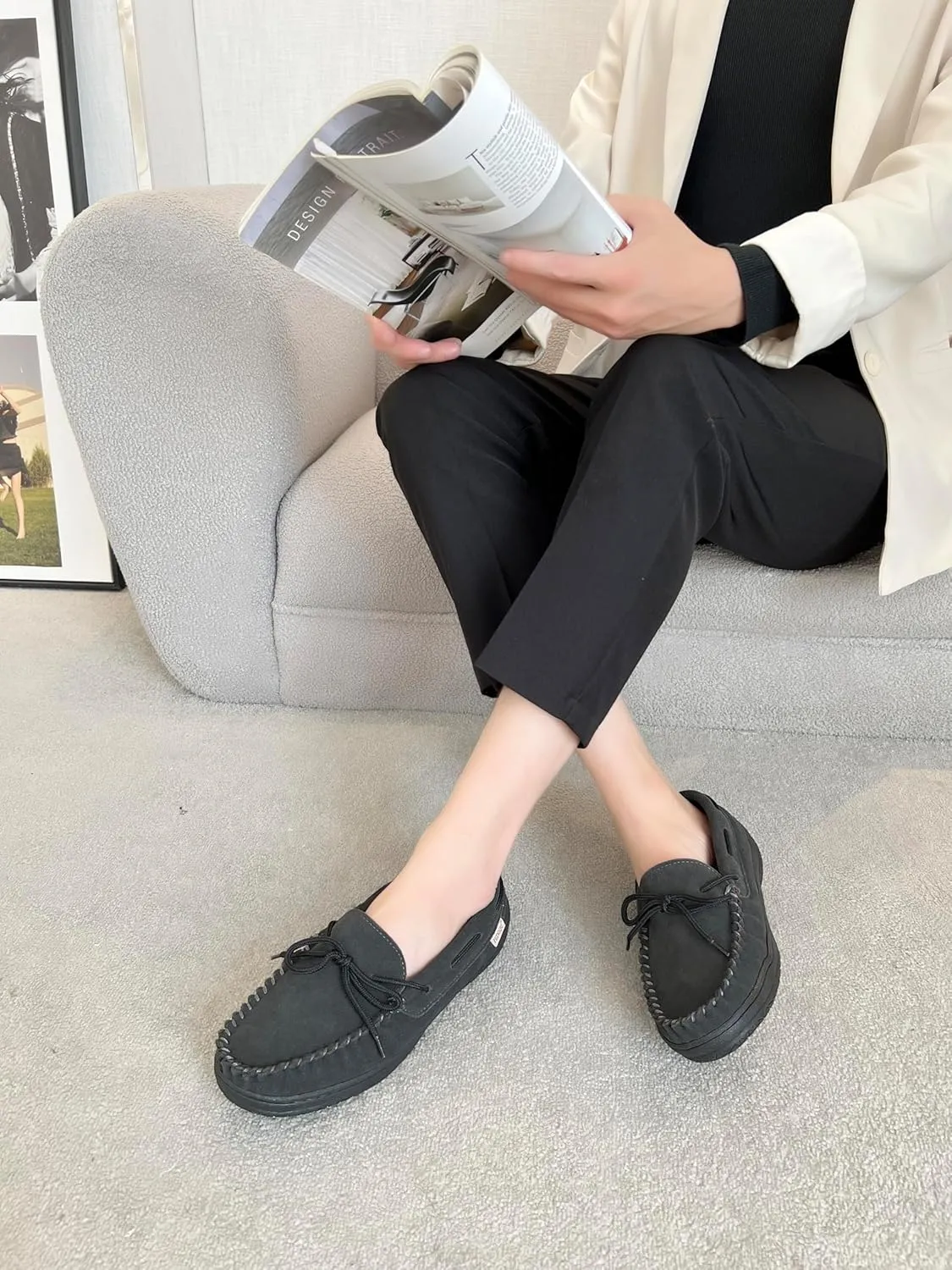 Slippers for Mens House Shoes Moccasin with Genuine suede Upper Flanel Lining Comfortable Memory Foam Rubber Soles Indoor Outdoor