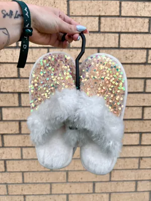 White Sequin Cozy Fluffy Fur Memory Foam Slippers
