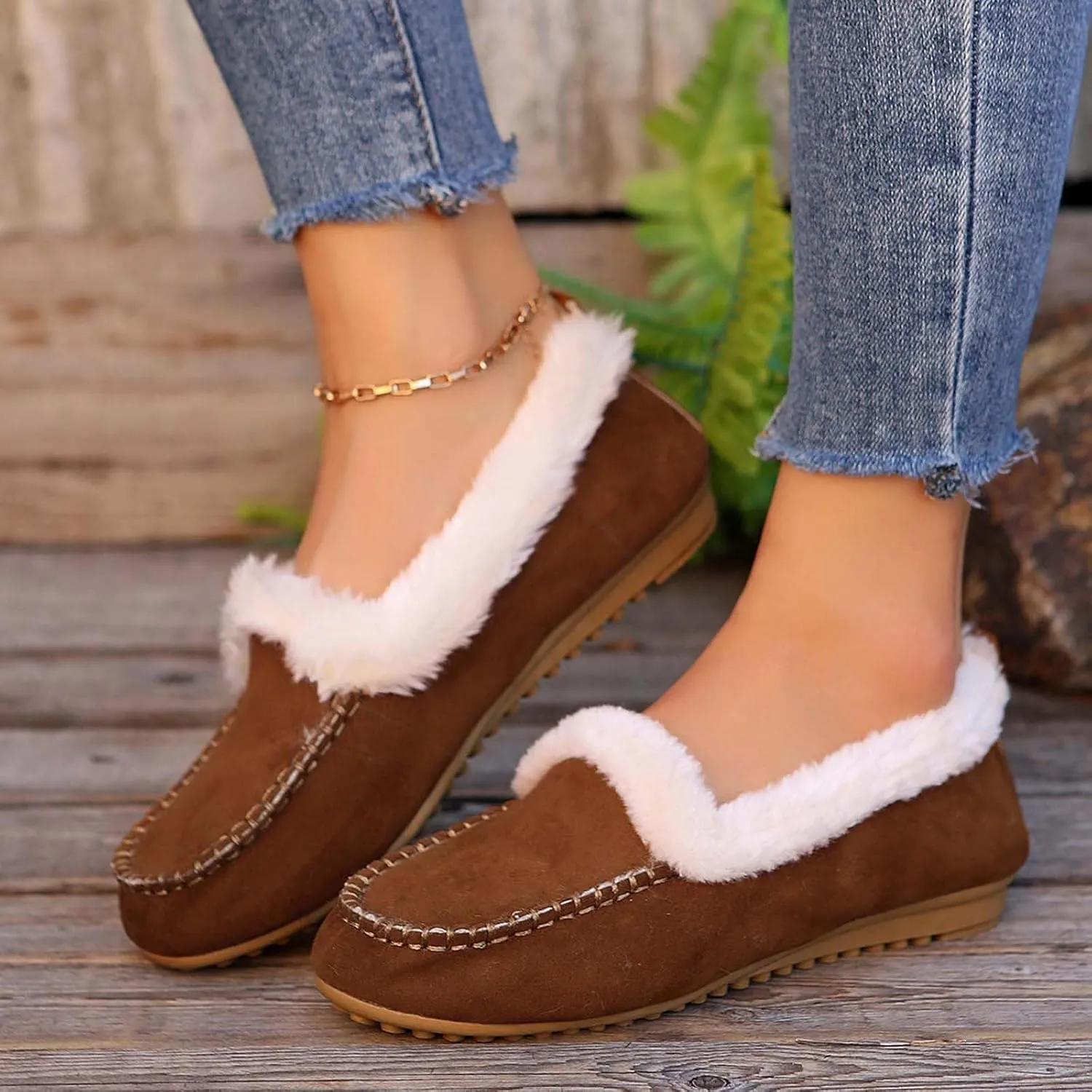 Women Fashion Low-Heel Shoes Flip Hair Warm Flat Shoe Plus Size Shoes Comfort Cute Shoes Soft Travel Flat Shoes
