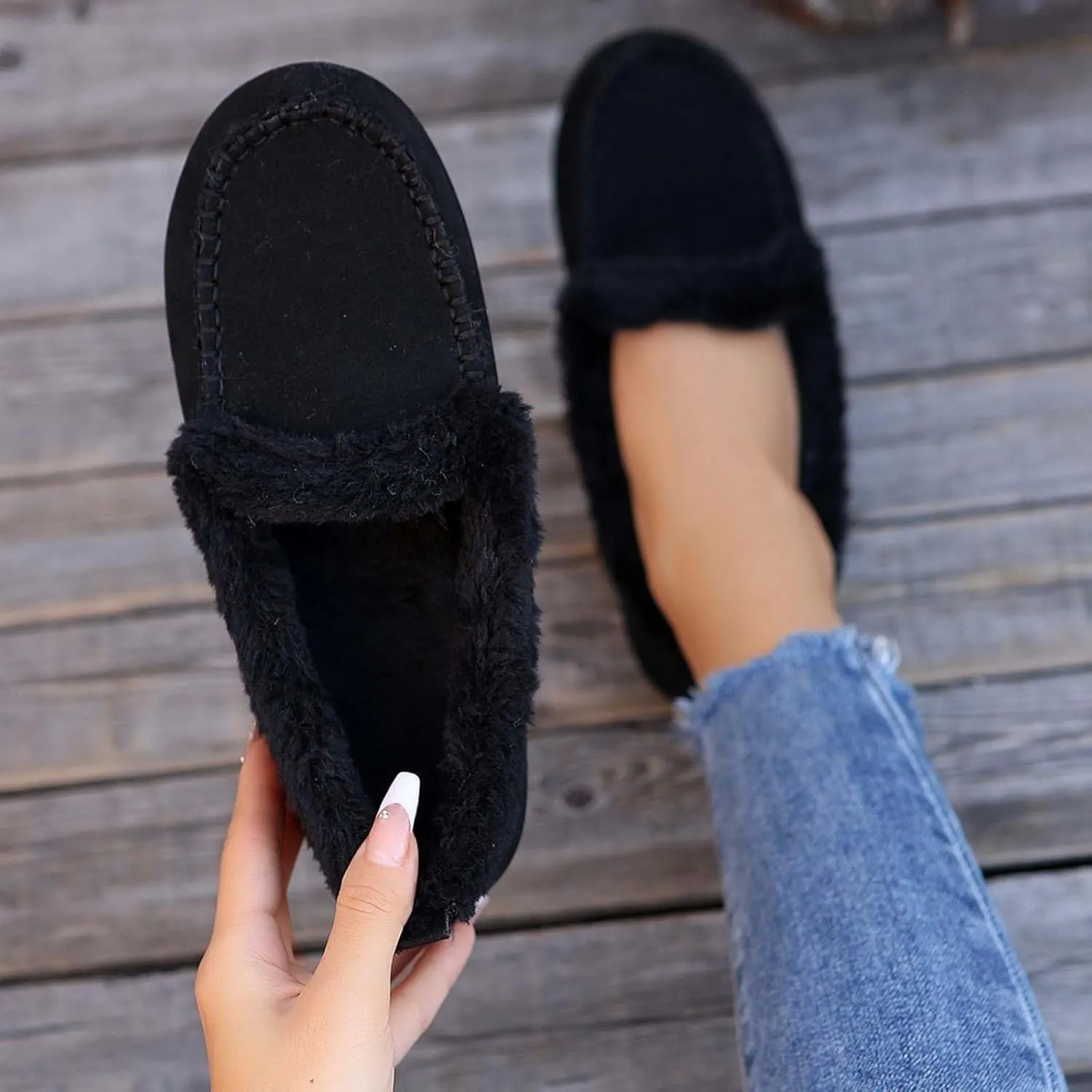 Women Fashion Low-Heel Shoes Flip Hair Warm Flat Shoe Plus Size Shoes Comfort Cute Shoes Soft Travel Flat Shoes