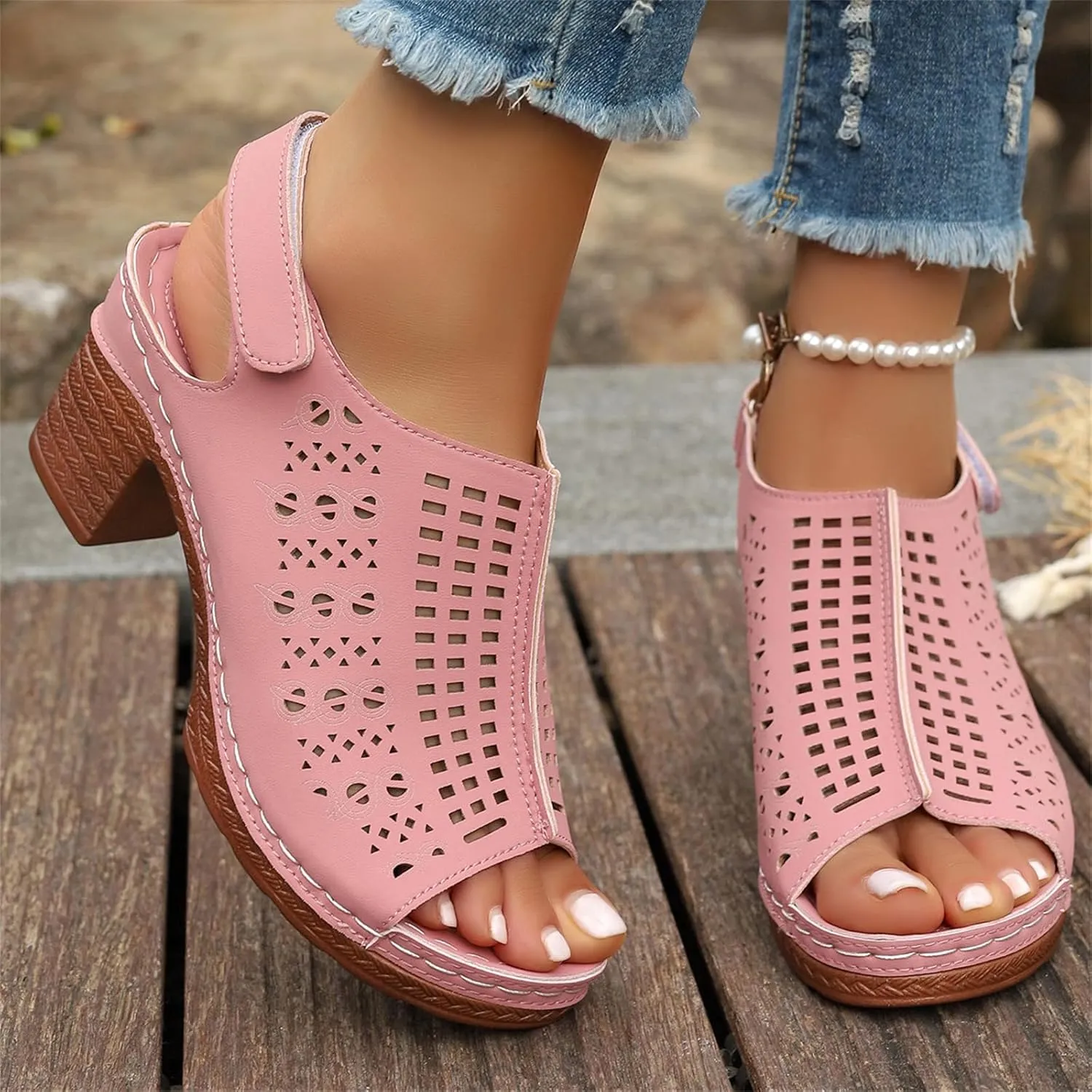 Women's Ankle Strap Heels Open Toe High Heel Chunky Sandals Boots Cutout Dress Shoes Strappy Sandals