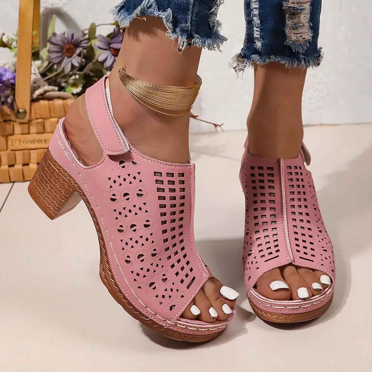 Women's Ankle Strap Heels Open Toe High Heel Chunky Sandals Boots Cutout Dress Shoes Strappy Sandals