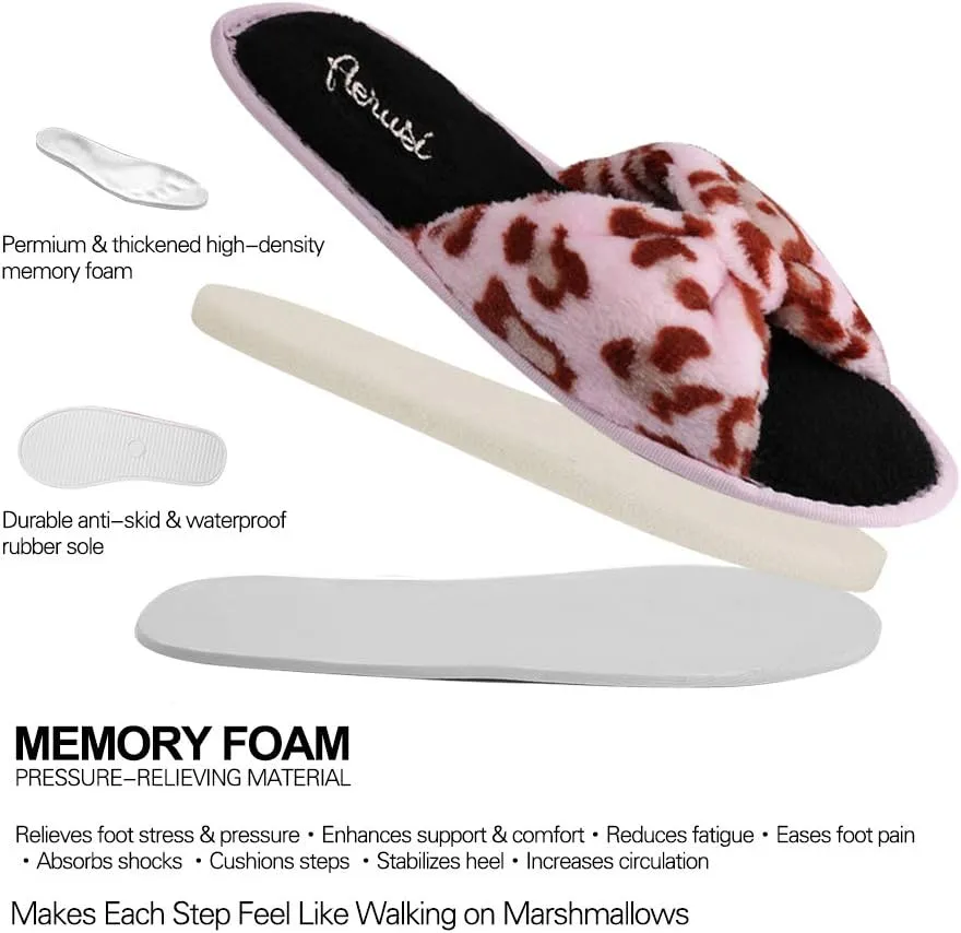Womens Plush Terry Open Toe Memory Foam Spa Slippers Rubber Sole Bowknot House Slides for Women
