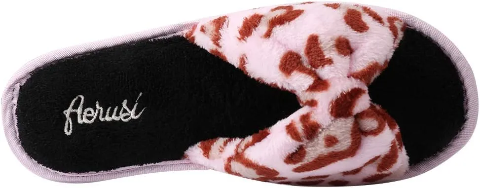 Womens Plush Terry Open Toe Memory Foam Spa Slippers Rubber Sole Bowknot House Slides for Women
