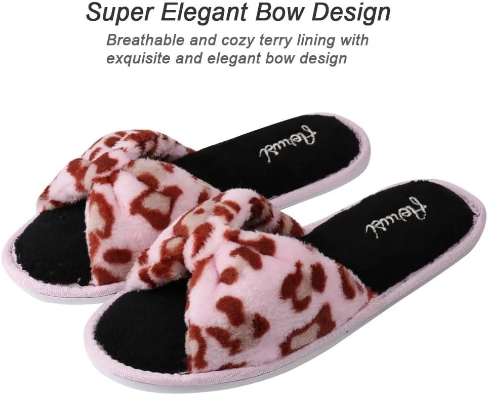 Womens Plush Terry Open Toe Memory Foam Spa Slippers Rubber Sole Bowknot House Slides for Women