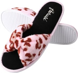 Womens Plush Terry Open Toe Memory Foam Spa Slippers Rubber Sole Bowknot House Slides for Women