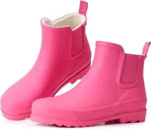Women's Rain Boots with Plush Lining Chelsea Boots Women Snow Boots for Women Lightweight Rubber Boots Ankle Rain Boots Non-slip Waterproof Outdoor Work Shoes, Winter, Fishing, GardeningPink, 8