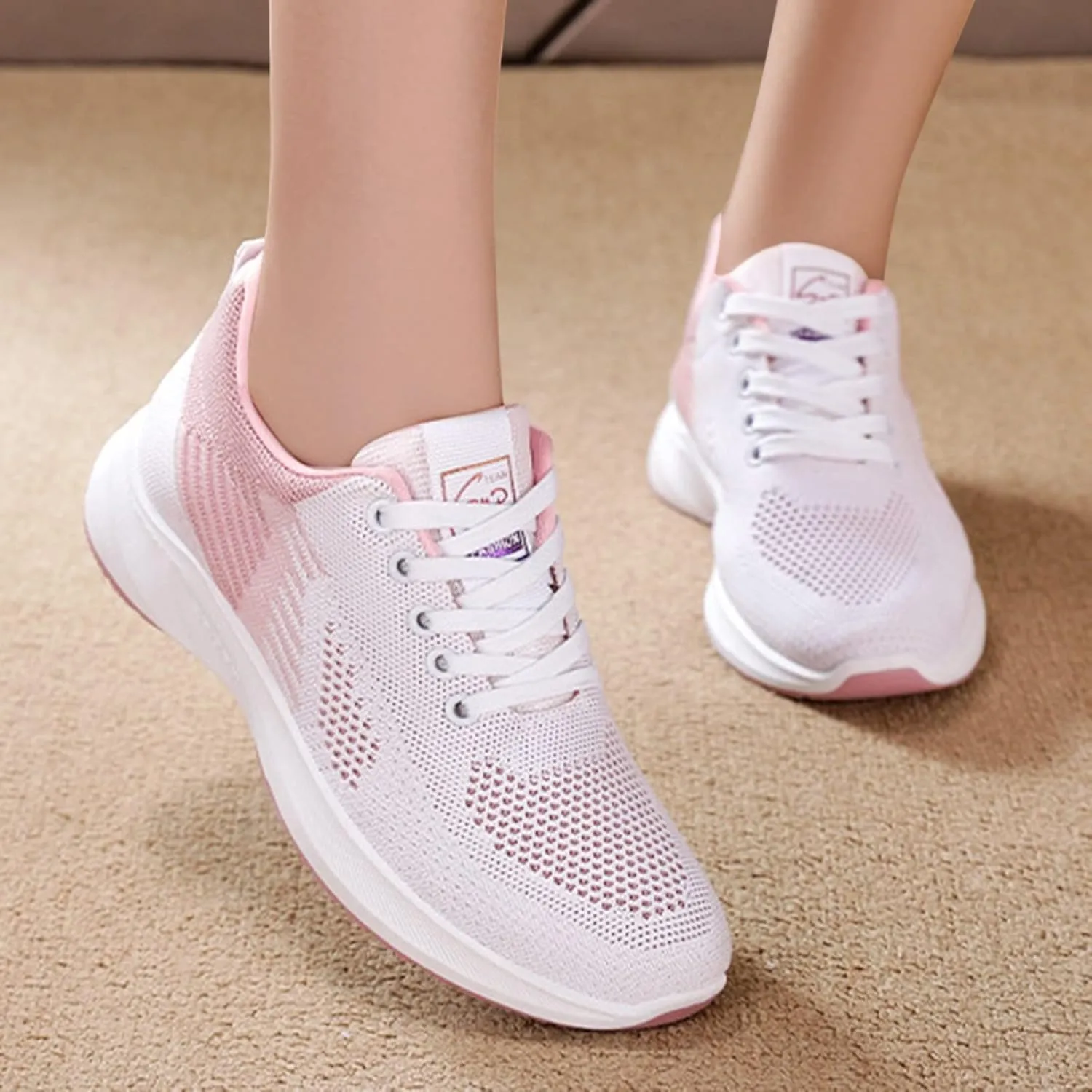 Workout Shoes for Women Lace Up Thick Sole Solid Color Walking Sneakers Lightweight Breathable Casual Running Sneakers