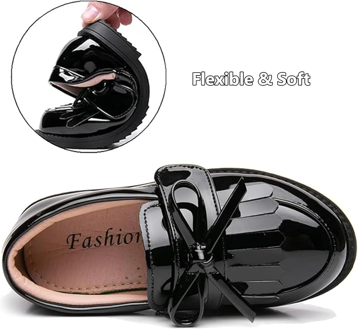 WUIWUIYU Girl's School Uniform Shoes Bow Cute Dress Oxfords Slip-on Hook-and-Loop Flats Shoes