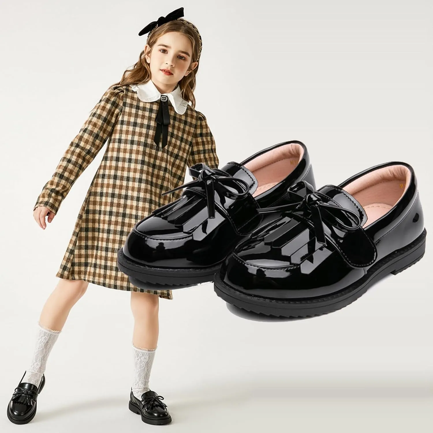 WUIWUIYU Girl's School Uniform Shoes Bow Cute Dress Oxfords Slip-on Hook-and-Loop Flats Shoes