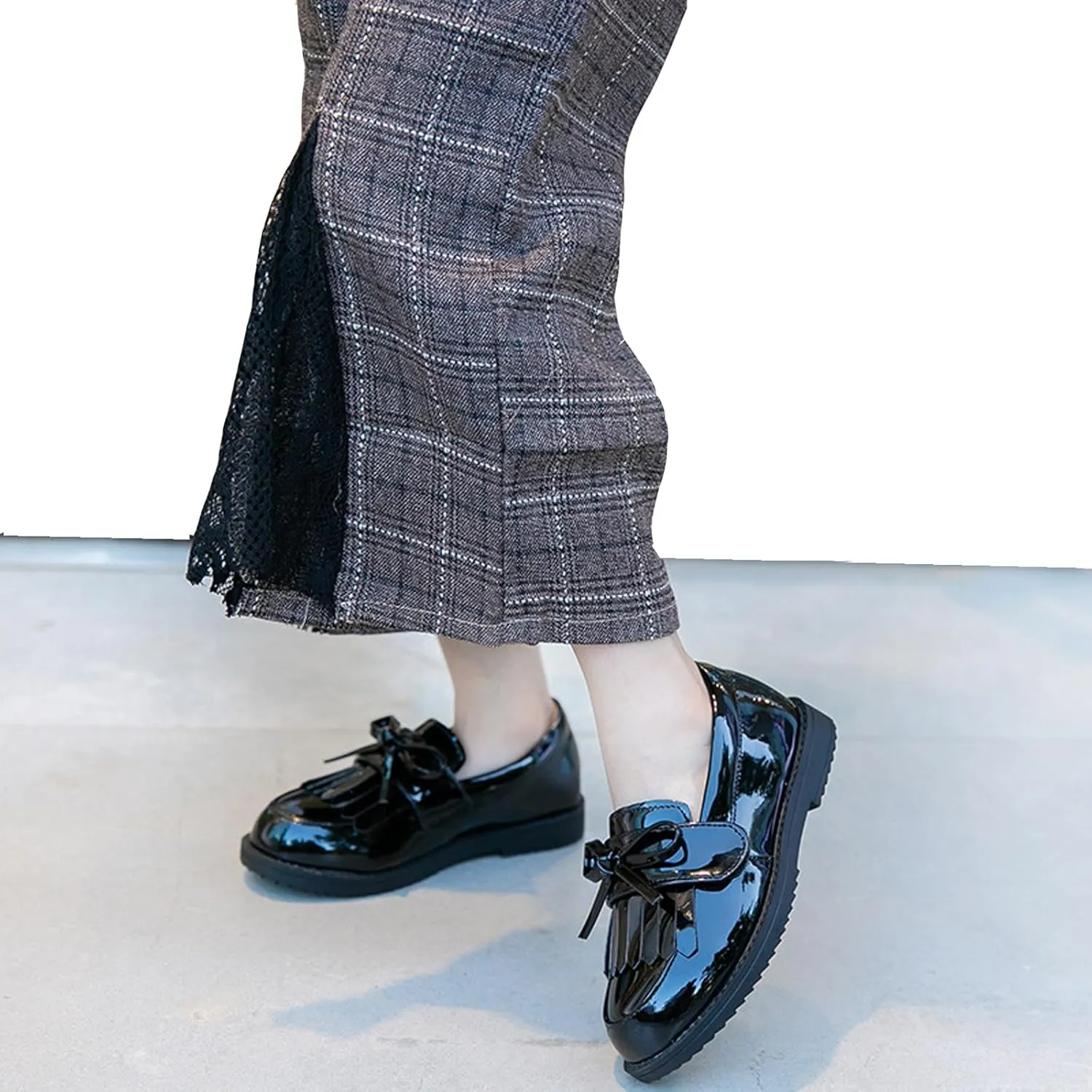 WUIWUIYU Girl's School Uniform Shoes Bow Cute Dress Oxfords Slip-on Hook-and-Loop Flats Shoes