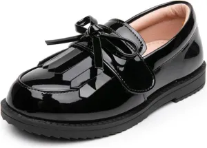 WUIWUIYU Girl's School Uniform Shoes Bow Cute Dress Oxfords Slip-on Hook-and-Loop Flats Shoes