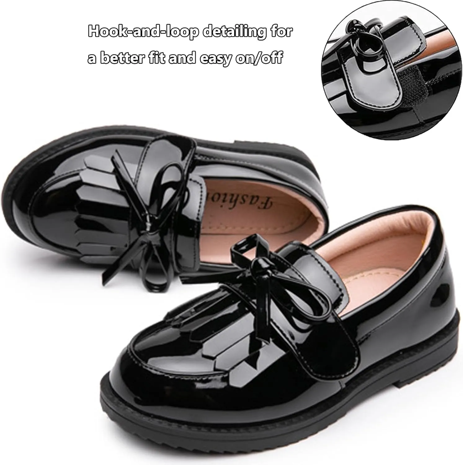WUIWUIYU Girl's School Uniform Shoes Bow Cute Dress Oxfords Slip-on Hook-and-Loop Flats Shoes